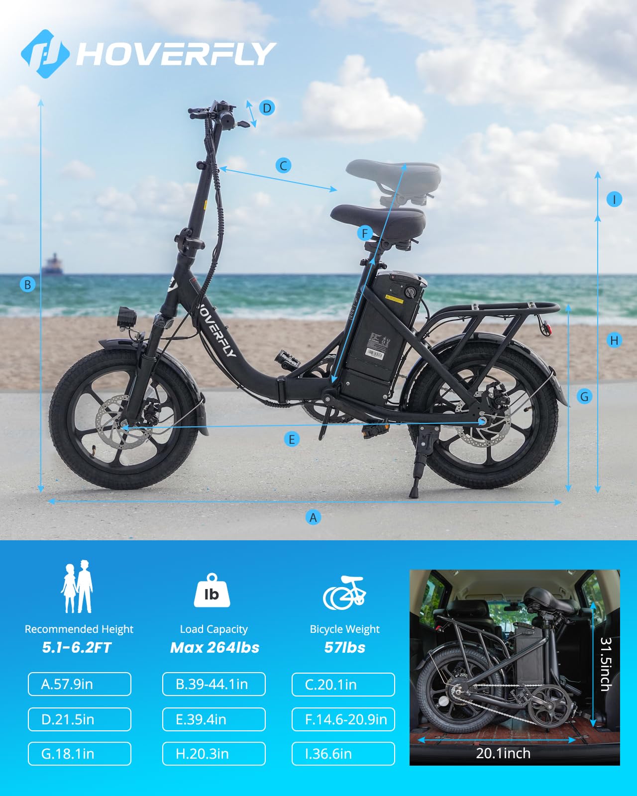 HOVERFLY H3 16" Electric Bike, Max 28Miles Range(Pedal-Assist) & Speed 15.5 Mph Power by 500W Peak Motor, Folding E-Bike with Removable Battery, Front Suspension and Commuter Electric Bicycle Adults