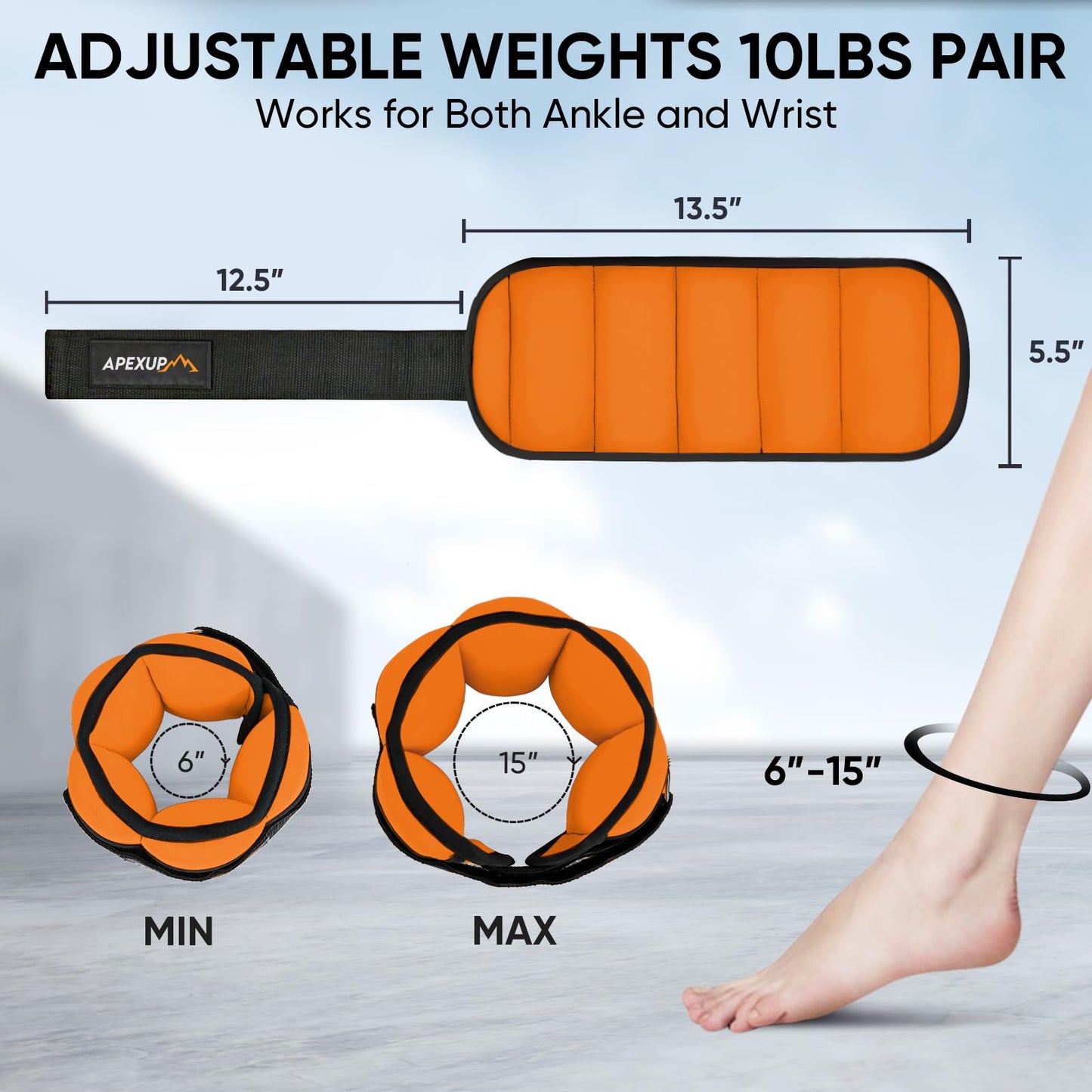 APEXUP Adjustable Ankle Weights for Women and Men, Modularized Leg Weight Straps for Yoga, Walking, Running, Aerobics, Gym (2-10 lbs, Orange)