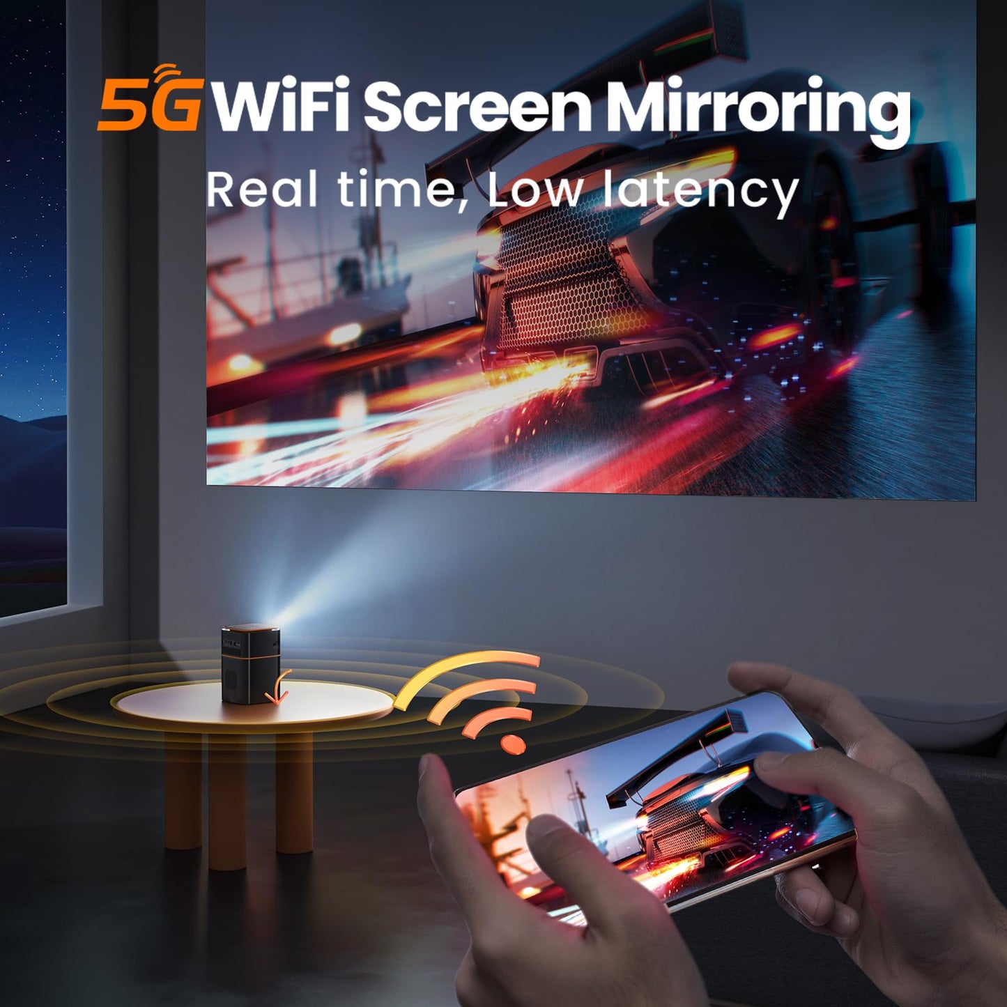 FATORK Mini Projector, 5G WiFi 6 Bluetooth Short Throw Projector, HD 1080P DLP Portable Projector with Rechargeable Battery, 1G Memory, Support Phone Laptop, Compatible with iOS/Android/HDMI/USB