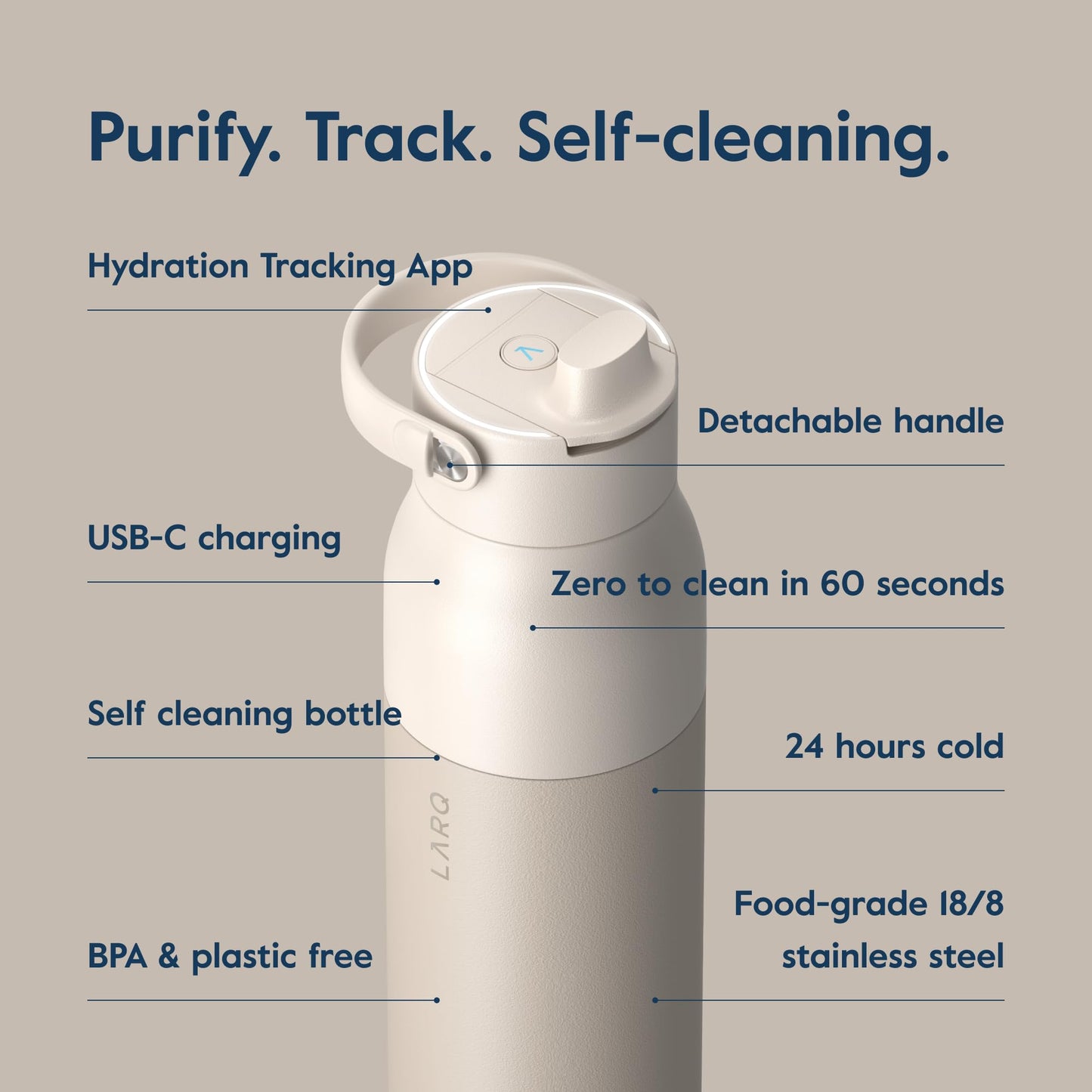 LARQ Bottle PureVis 2 23 oz - UV Water Purifier with Self-Cleaning, App Hydration Tracking, Filter Straw, Detachable Handle, Double-Wall Insulated, Mojave Dune
