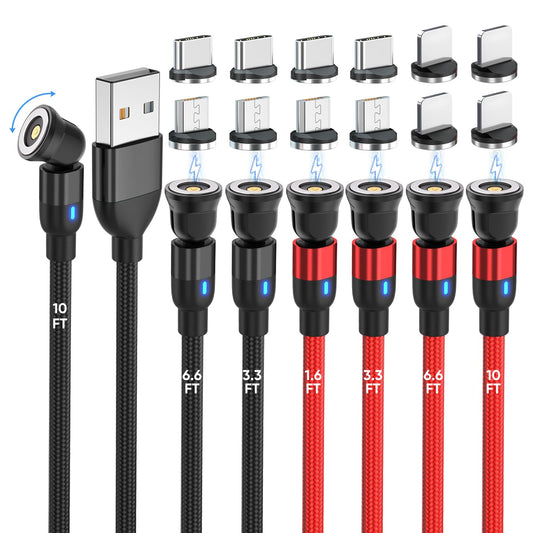 Ankeanmade 540 Rotating Magnetic Charging Cable [7-Pack, 1.6ft/3ft/3ft/6ft/6ft/10ft/10ft] 3 in 1 Nylon Braided Magnetic USB Cable for iProduct/Micro USB/Type C Device
