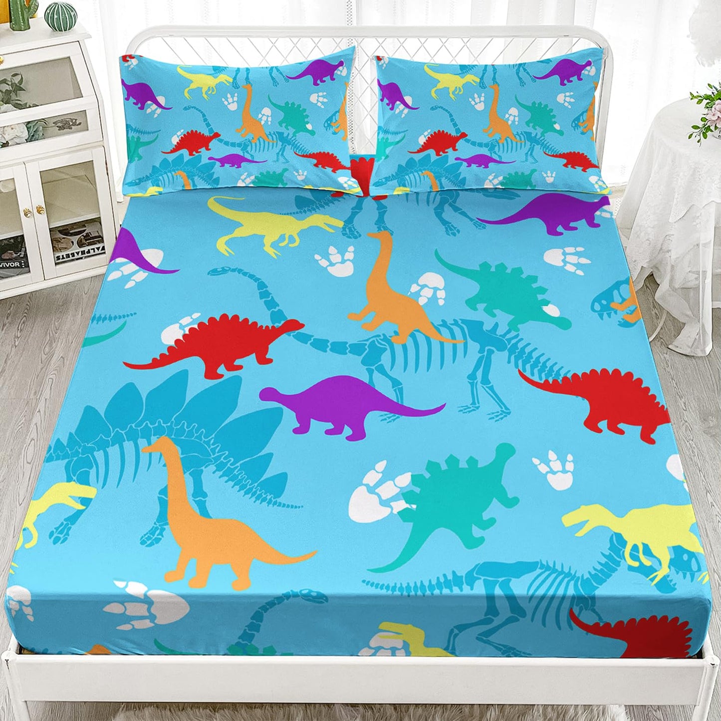 AILONEN Dinosaur Twin XL Bed Sheets - Blue Cartoon Dinosaur Fitted Sheet Set with 1 Fitted Sheet and 2 Pillowcases