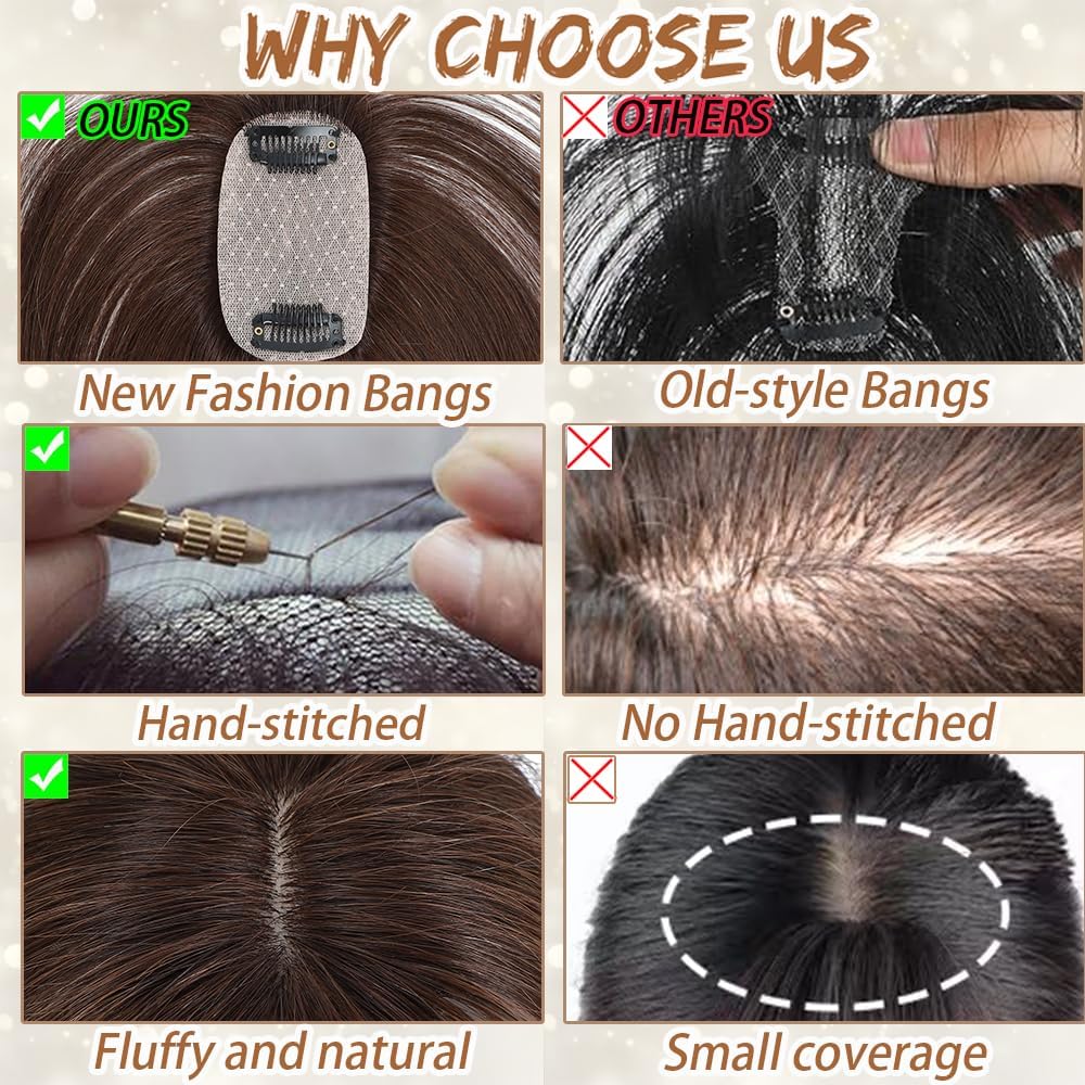 Amchoice Hair Toppers for Women Real Human Hair, Bangs Hair Clip 360° 3D Cover Human Hair Topper with Bangs, Human Hair Toppers for Women Daily (Light Brown, 3D Side Bangs (5 * 9))