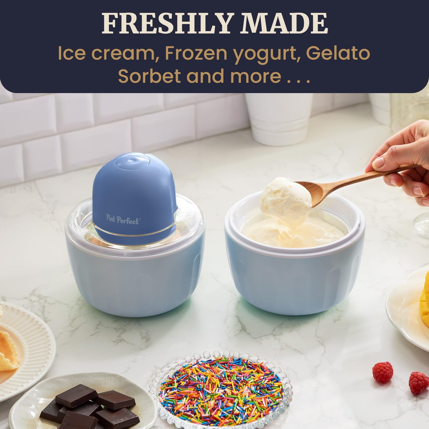 Americana by Elite Pint Perfect™ EIM1205DB Ice Cream Maker, 2 x 1 Pint Capacity Dual Freezing Mugs, Frozen Yogurt, Sorbet, Gelato, Recipes, Periwinkle
