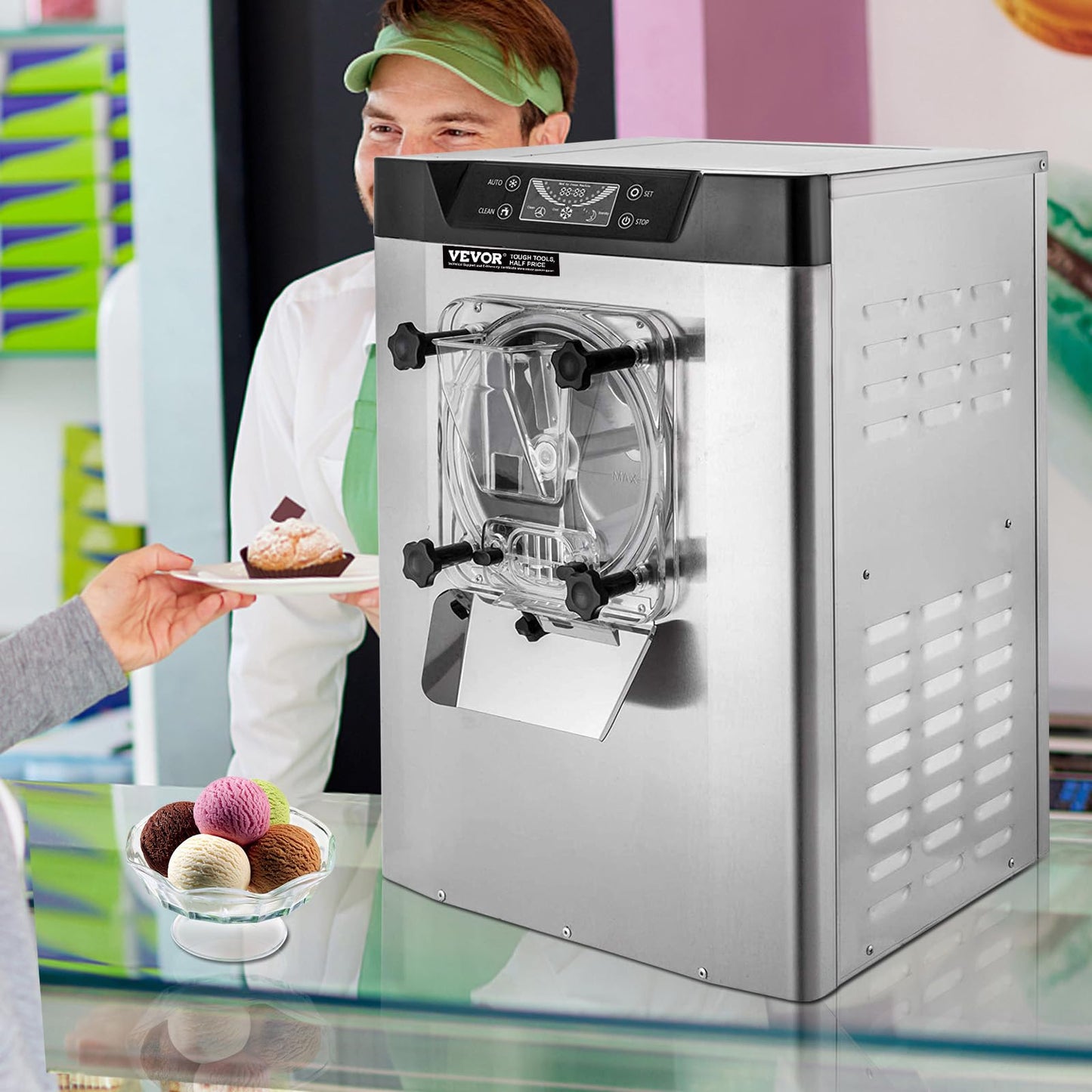 VEVOR Commercial Ice Cream Machine 1400W 20/5.3 Gph Hard Serve Ice Cream Maker with LED Display Screen Auto Shut-Off Timer One Flavors Perfect for Restaurants Snack bar Supermarkets