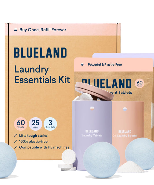 BLUELAND Laundry Detergent Tablets, Starter Set, 60 Count with Tin, Plastic-Free Eco-Friendly Pods, Sheets, Liquid Alternative - Fragrance Free and Clear, Natural, Gentle