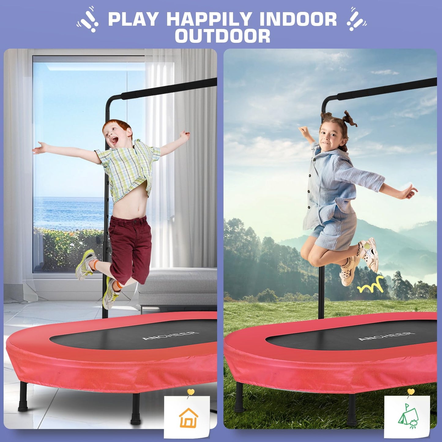 ANCHEER Foldable Trampoline, Mini Rebounder Trampoline with Adjustable Handle, Exercise Trampoline for Indoor/Garden/Workout Cardio, Parent-Child Twins Trampoline Max Load 220lbs (Training Red)