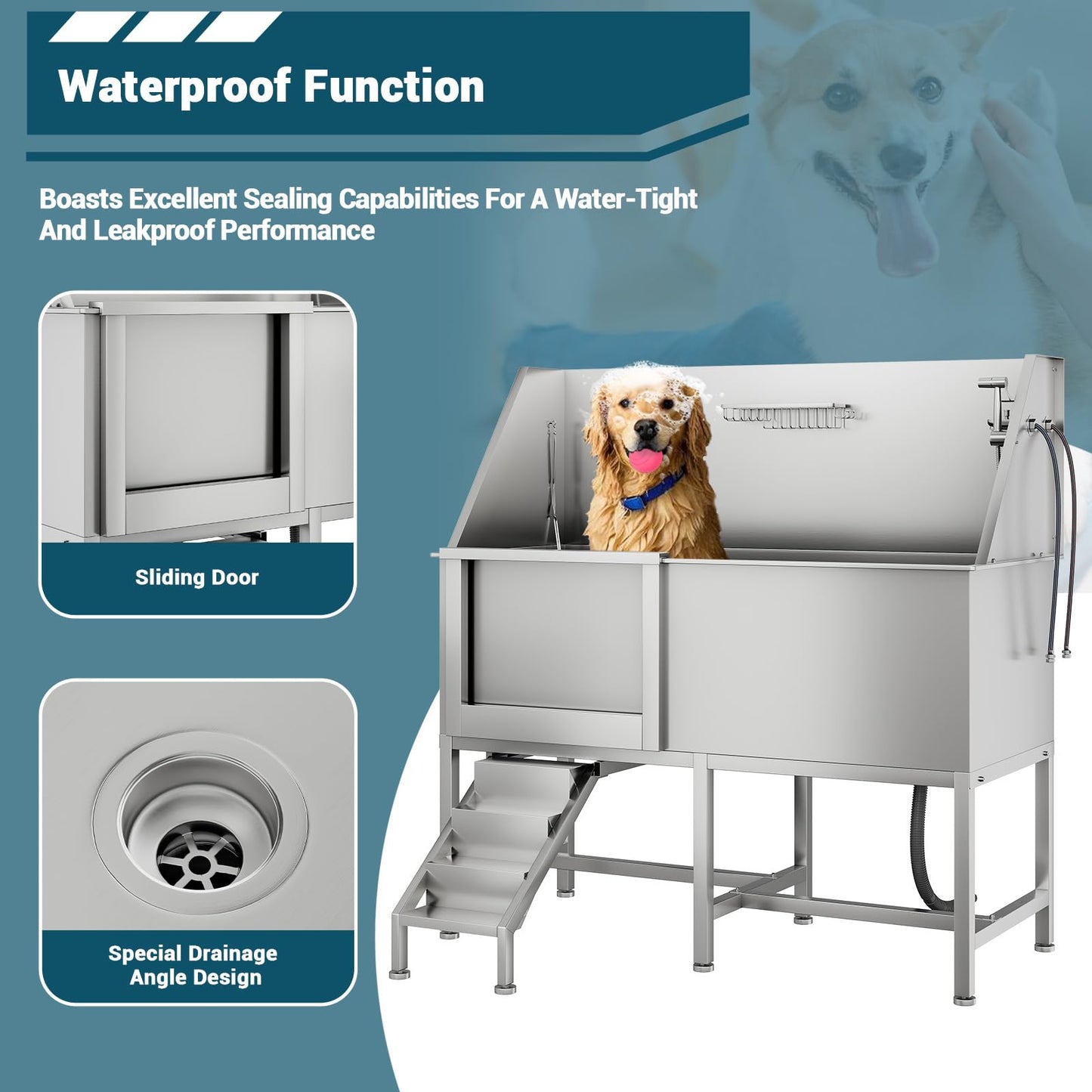 COOLYI 62'' Stainless Steel Dog Washing Station for Large Dogs, Heavy Duty Dog Grooming Bathtub with Bath Brush & Washing Gloves, Pet Bathtub for Dogs with Retractable Ramp