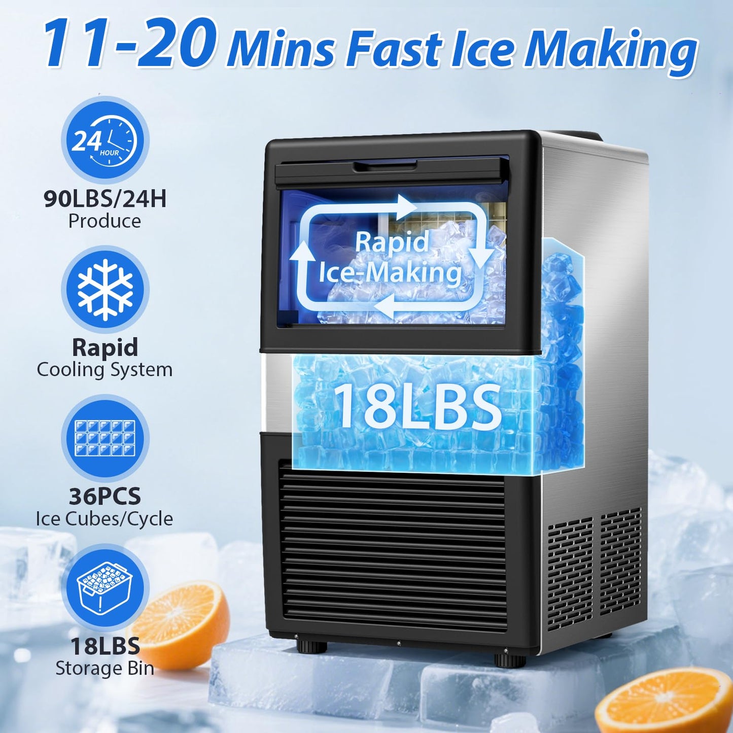 Ice Maker, Commercial Ice Machine,90Lbs/Day, Stainless Steel Ice Machine with 18Lbs Capacity,36 Ice Cubes Per Cycle Ideal for Restaurant, Bars, Home and Offices, Includes Scoop Silver