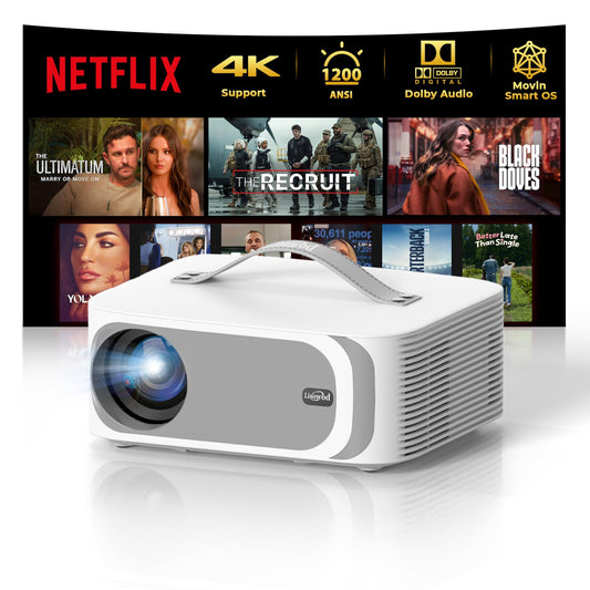 [AI Movin 2.0 System/1200 ANSI/Auto Focus] Projector-4K with WiFi 6 and Bluetooth, 30W DoIby Audio APPS Built-in Outdoor-Projector, Lisowod 1080P Smart Portable Proyector with HDR10+ 2025 Upgraded