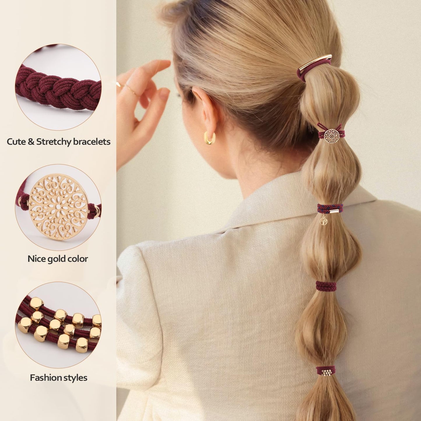 10 PCS Hair Ties Bracelets, Boho Hair Ties for Thick & Thin Hair, Cute Stretch Bracelets, Braided Hair Ties for Ponytail Holders, 5 Styles Hair Ties No-Damage, Blue