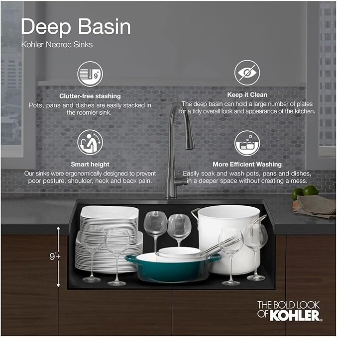 KOHLER K-28000-CM6 Cairn 27.5" Neoroc Composite Undermount Single-Bowl Kitchen Sink, Composite Kitchen Sink with Sink Rack, Matte White