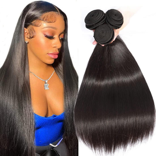 ANGIE QUEEN Peruvian Virgin Hair Straight Hair 3 Bundles Weaves 100% Unprocessed Human Hair Extentions Wefts Nature Black Color (20 22 24)