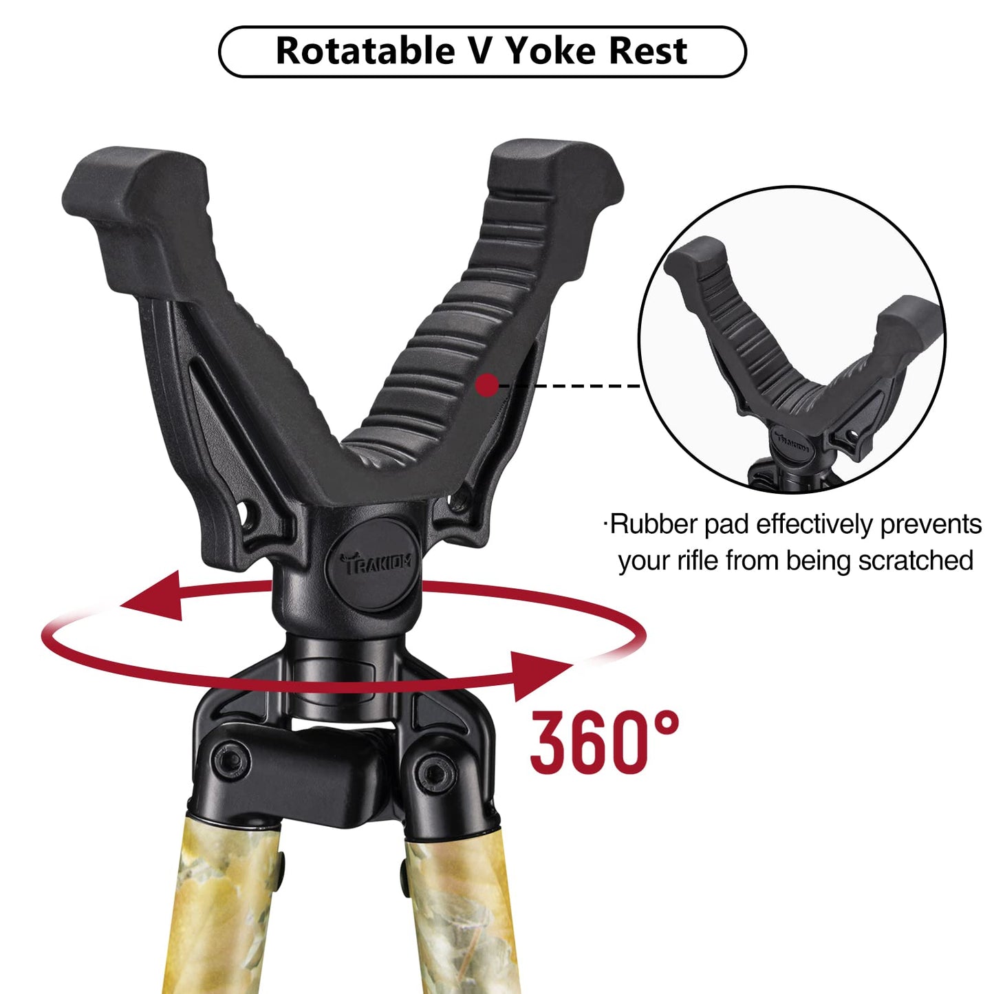Trakiom Hunting Bipod, Shooting Tripod, Adjustable Shooting Bipod with 360° V Yoke Rest, Twist Lock, Lightweight Aluminum Frame, High Density Foam Handle and Spike Feet (Camo, 24.8"-47.2")