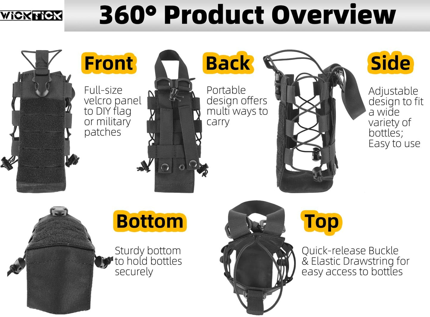 WICKTICK Molle Water Bottle Holder Pouch 16 24 32 40 64 oz - Multi-Purpose Tactical Fuel Bottle Bag, Adjustable Size for Outdoor Activities, Adapted to Backpack/Vest/Belt (Green, Classic)