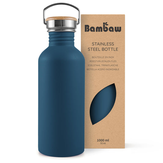 Bambaw Non-insulated Water Bottle 32oz, Blue Water Bottle with Handle, Stainless Steel Single Wall Water Bottle Dishwasher Safe, 1 Liter Water Bottles Reusable, Large Water Bottle – Aegean Blue