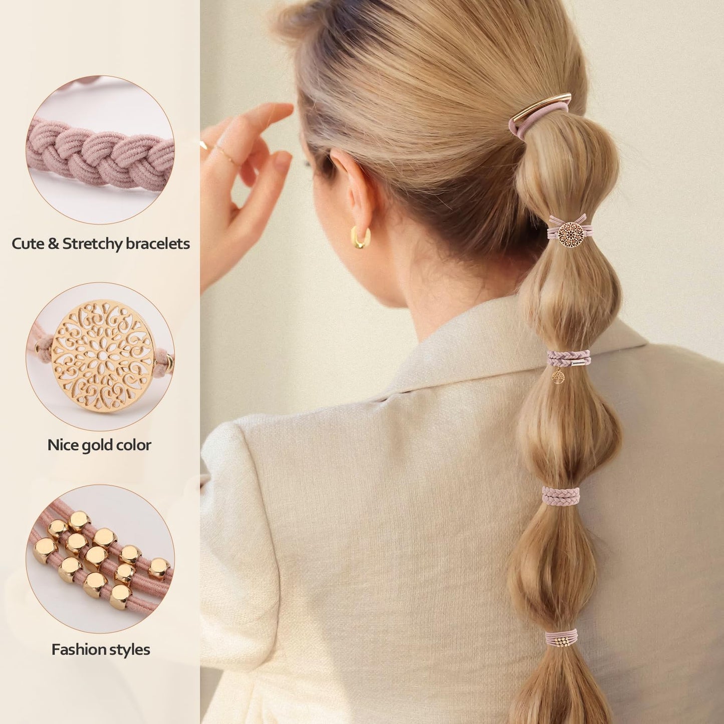 10 PCS Hair Ties Bracelets, Boho Hair Ties for Thick & Thin Hair, Cute Stretch Bracelets, Braided Hair Ties for Ponytail Holders, 5 Styles Hair Ties No-Damage, Pink