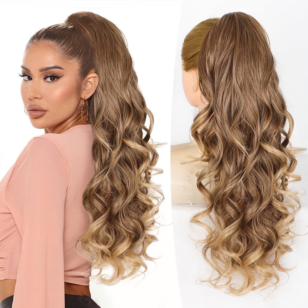 ALXNAN Ponytail Extension,24 Inch Claw Ponytail Hair Extensions for Women，Claw Clip in Long Wavy Synthetic Dark Ash Blonde with Golden Ends Ponytail Extension for Daily Use.