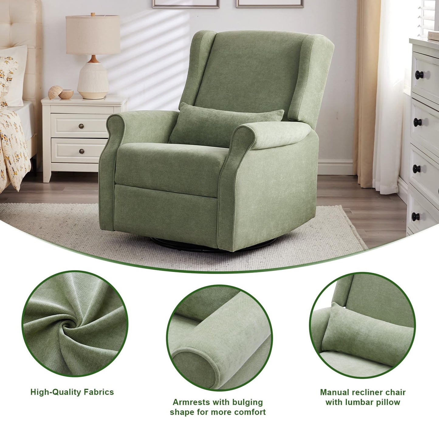 Eiayeebil Nursery Swivel Glider Recliner,Rocking Chair Nursery with Footrest,Rocking Recliner Chair for Nursery,Glider Rocker Recliner for Living Room & Bedroom,Green