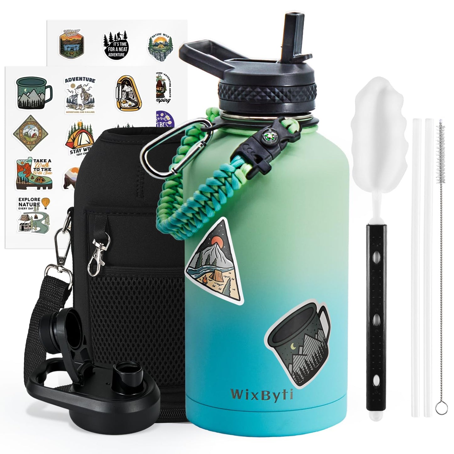 WixByti 64 oz Insulated Water Bottle with Straw (Cold for 48 Hrs), Half Gallon Stainless Steel Triple Wall Vacuum Sports Water Jug, Leakproof Hydro Cup Flask with Straw Spout Lids & DIY Stickers