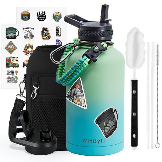 WixByti 64 oz Insulated Water Bottle with Straw (Cold for 48 Hrs), Half Gallon Stainless Steel Triple Wall Vacuum Sports Water Jug, Leakproof Hydro Cup Flask with Straw Spout Lids & DIY Stickers