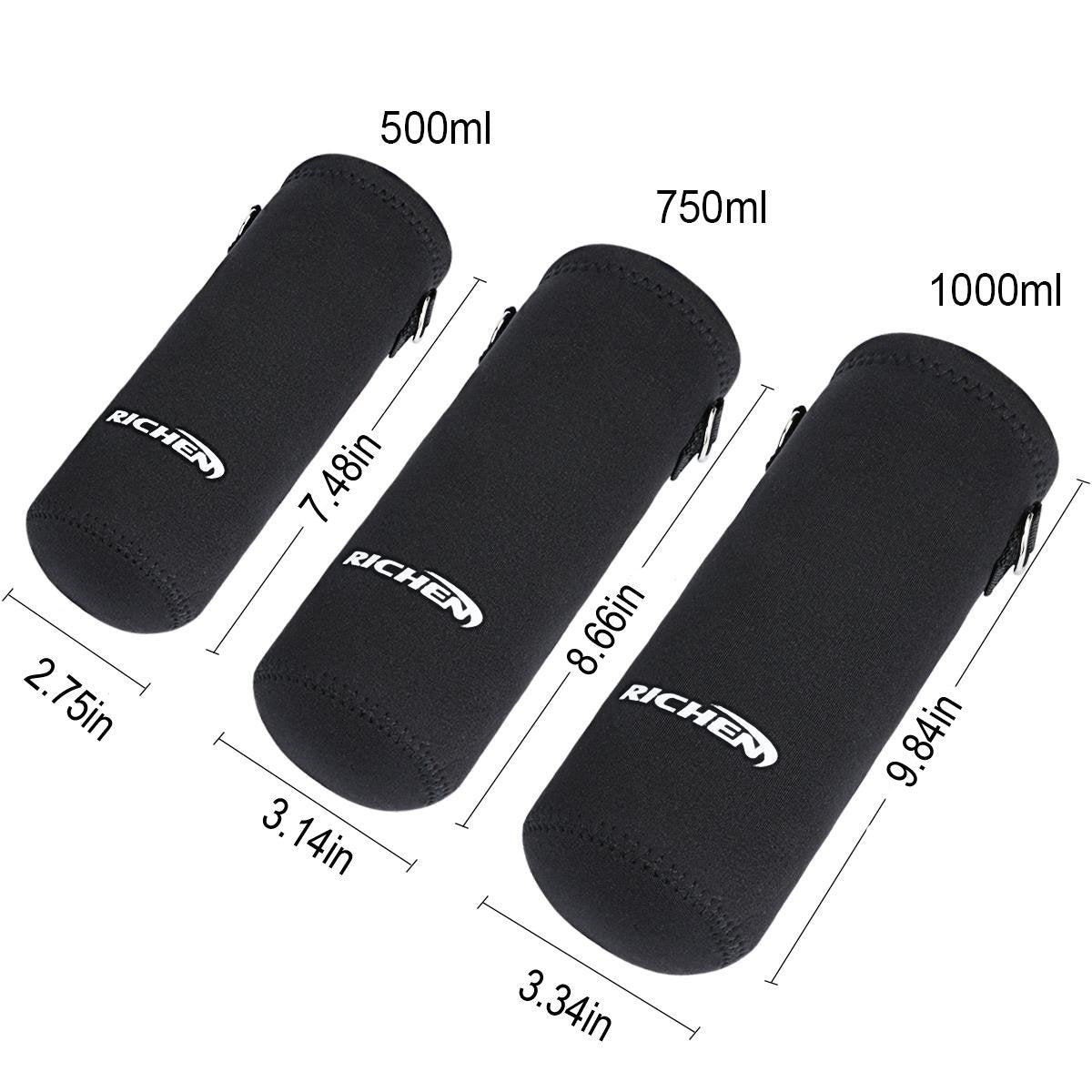 RICHEN Neoprene Water Bottle Carrier Bag with Adjustable Shoulder Strap,Insulated Water Bottle Cover for 500ml/16oz Stainless Steel/Glass/Plastic Bottles (Black,500ML)