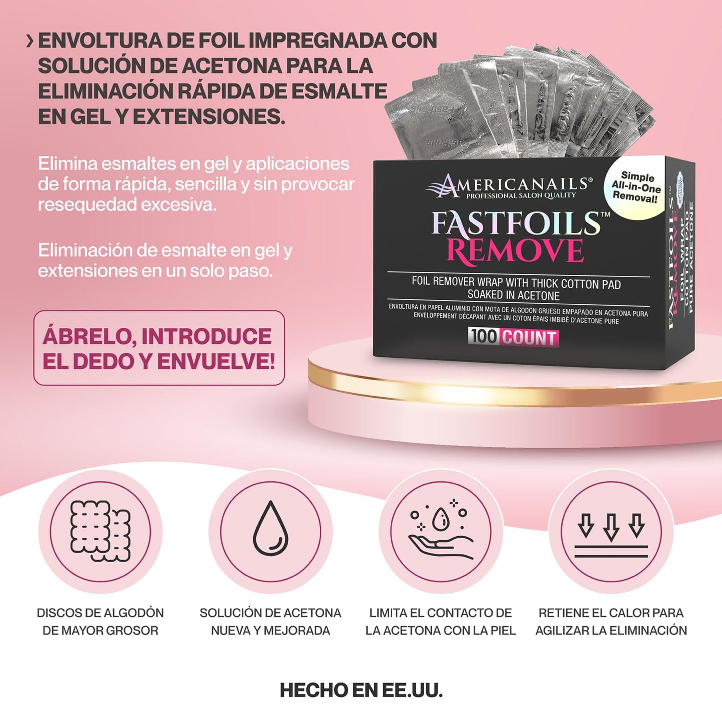 Americanails FastFoils 100 ct, One Step Gel Polish Foil Remover Wraps, All-In-One Foil Remover With Thick Cotton Pad & Pure Acetone, Remove Nail Polish, Gel Polish, Gel Nails, Acrylic Nails, Dip Nails
