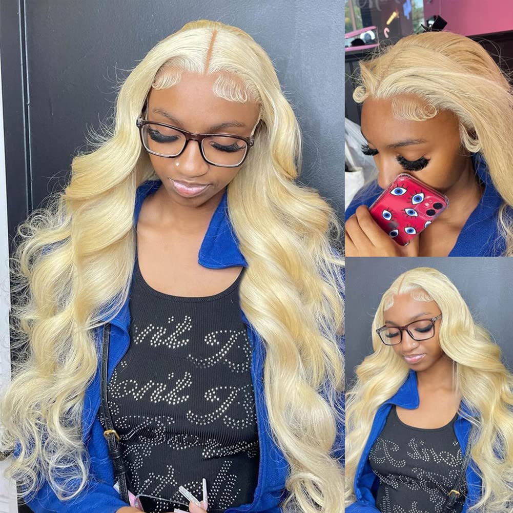 Aopusi 613 Blonde Human Hair 3 Bundles with Frontal Brazilian Body Wave Bundles with 13×4 Free Part Frontal 100% Virgin Human Hair Weave with Swiss Lace Frontal Closure(10 12 14+10)