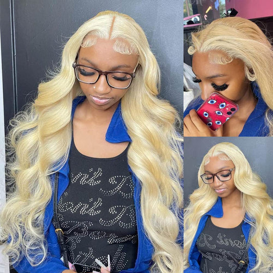 Aopusi 613 Blonde Human Hair 3 Bundles with Frontal Brazilian Body Wave Bundles with 13×4 Free Part Frontal 100% Virgin Human Hair Weave with Swiss Lace Frontal Closure(10 12 14+10)
