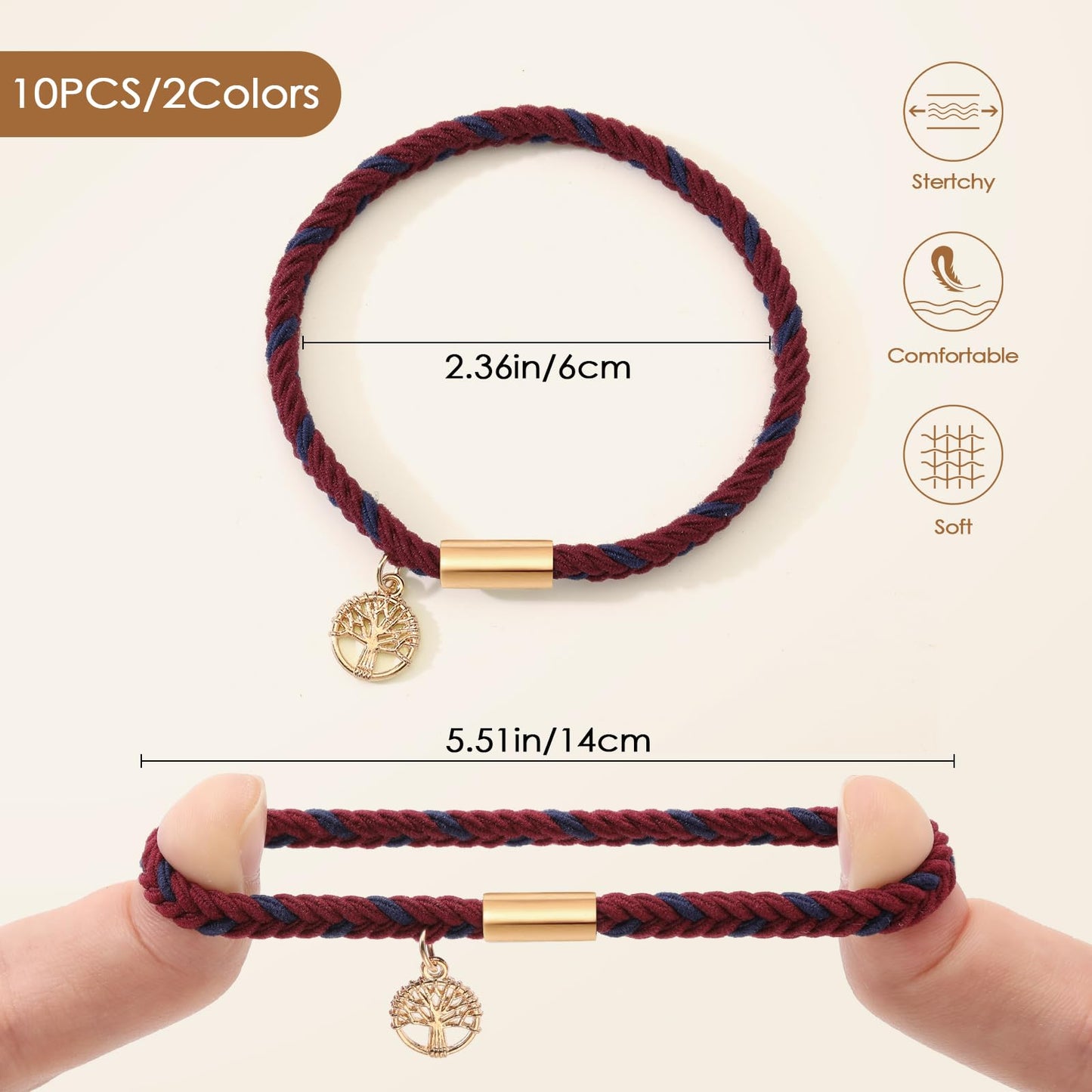 10 PCS Hair Ties Bracelets, Boho Hair Ties for Thick & Thin Hair, Cute Stretch Bracelets, Braided Hair Ties for Ponytail Holders, 5 Styles Hair Ties No-Damage, Blue