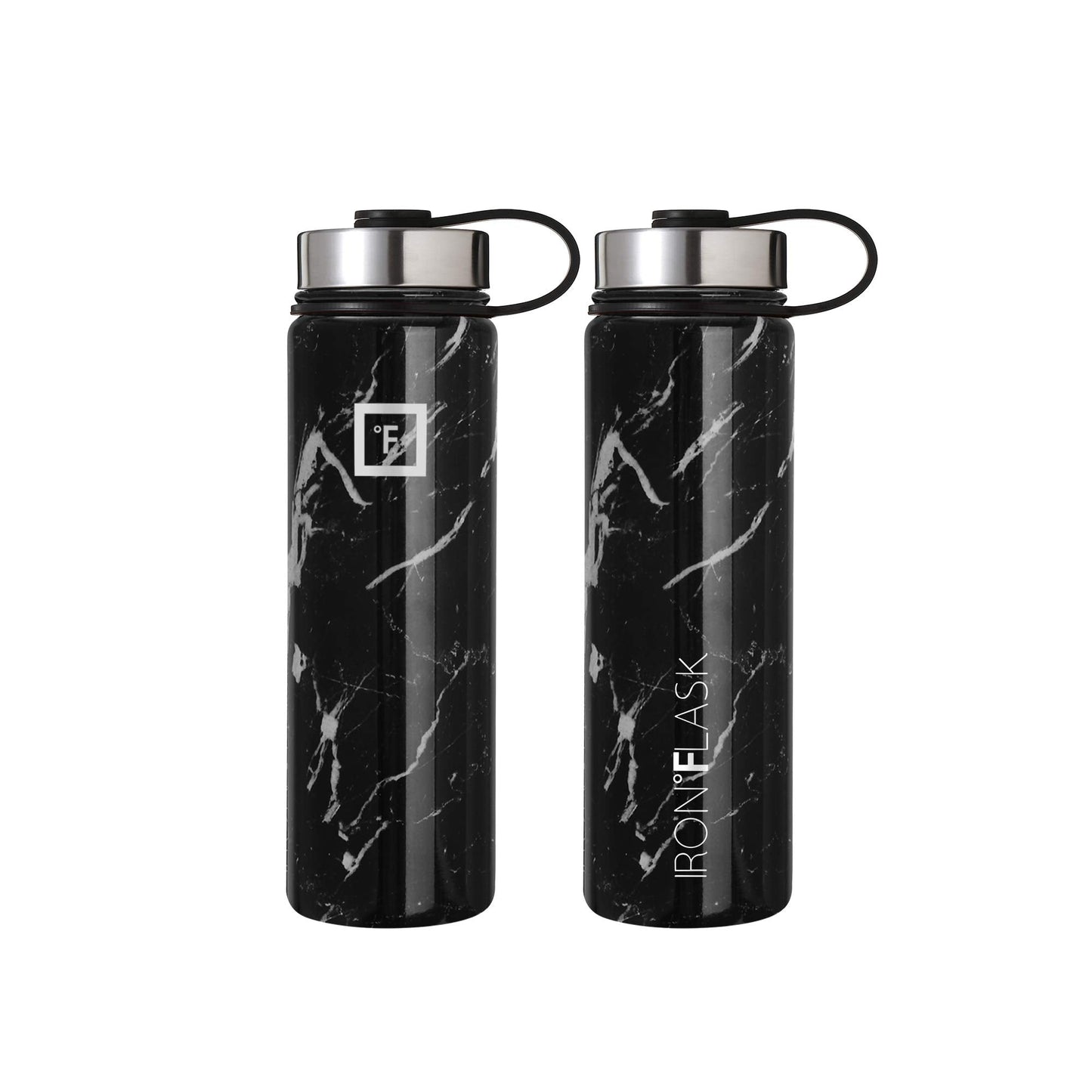 IRON °FLASK Camping & Hiking Hydration Flask, Wide Mouth, 3 Spout Lids, Stainless Steel Outdoor Water Bottle, Double Walled, Insulated Thermos, Metal Canteen - Black Marquina, 22 Oz