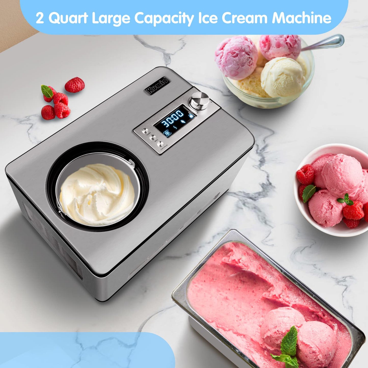 KUMIO 2.2-Quart Ice Cream Maker with Compressor, 2 in 1 Ice Cream Yogurt Machine, No Pre-Freezing, Stainless Steel Ice Cream Maker Machine with LCD Display, No Pre-Freezing