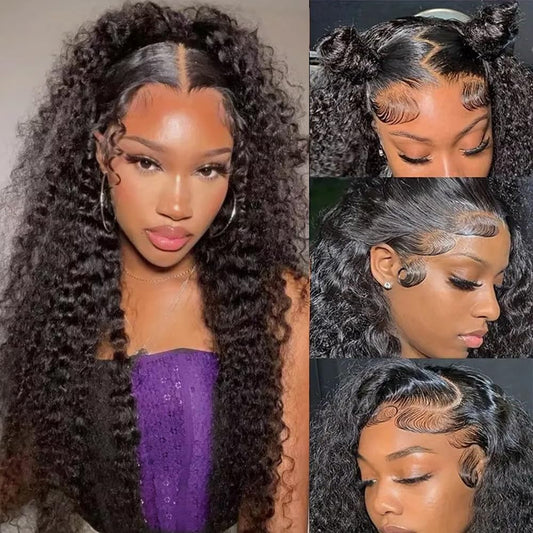 ANDRIA 13x4 HD Lace Front Wigs 28 Inch Black Curly Lace Front Wig with Baby Hair Pre-Plucked Glueless Lace Frontal Wigs Heat Resistant Synthetic Hair 200% Density Natural Color Long Deep Wave Wigs