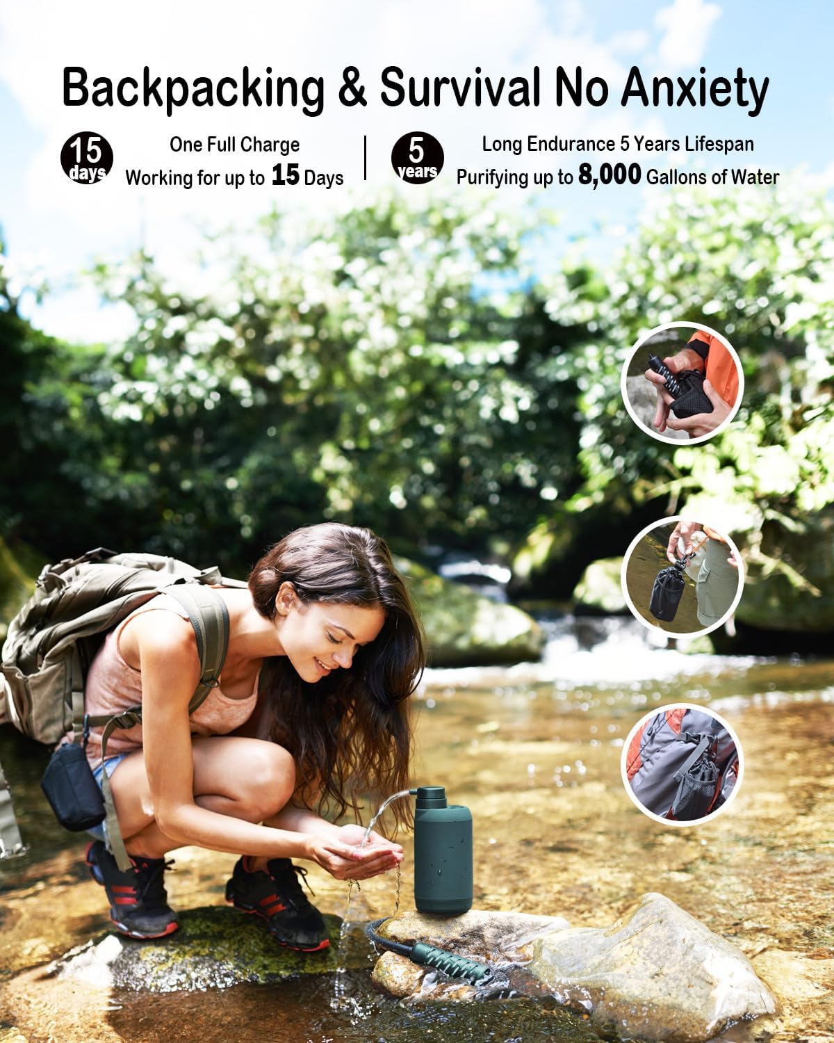 BKLES Electric Water Purifier Survival, 0.01 Micron '5-Stage' Water Filtration System Survival with Emergency Lighting Water Filter for Camping Backpacking Hiking, Green