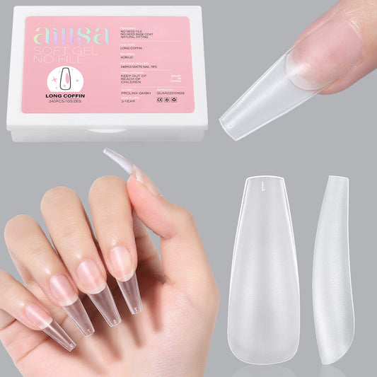 AILLSA Long Coffin Nail Tips - Upgraded Matte Soft Full Cover Gel Nails Tips No Filed, 240Pcs Pre-shaped Gelly Tips Acrylic Clear Fake Press On Nail Tip for Soak Off Nail Extension 10 Sizes