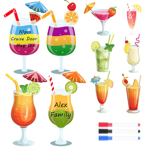 10 Pcs Cruise Door Magnets with 3 Pcs Paint Pen Summer Fruit Drink Cocktail Magnet Tropical Door Decorations Party Car Cabin Refrigerator