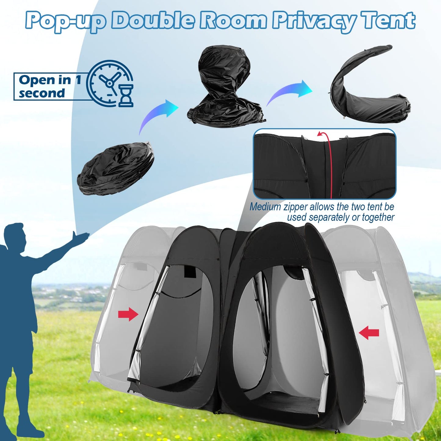 Goplus 2 Room Pop Up Shower Tent, 6.3FT Outdoor Portable Changing Room with Ground Stake, Wind Rope, Carry Bag, Window, Clothesline, Pocket, Privacy Instant Bathroom Tent for Camping Toilet