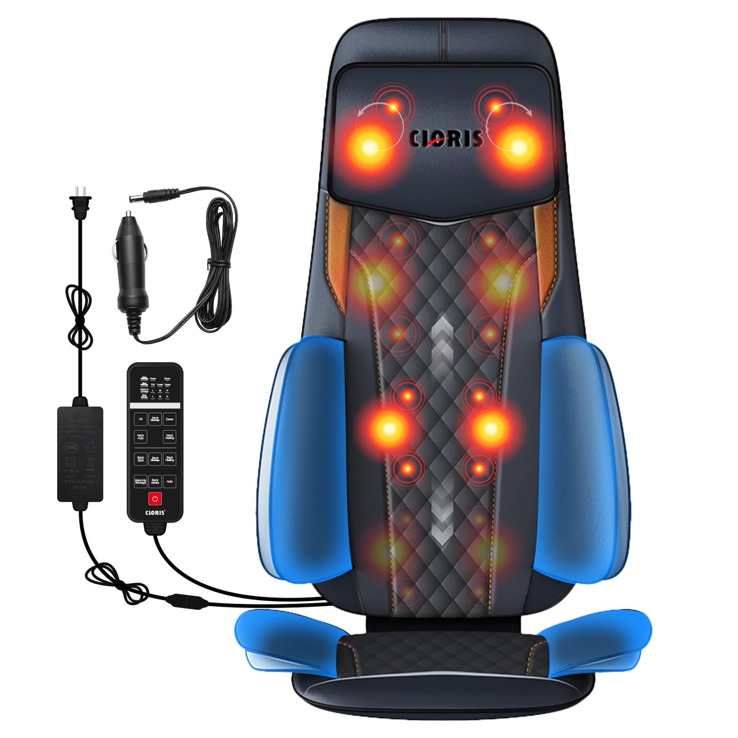 CLORIS Neck Back Massager with Heat, Automatic Adjustable Neckrest, 3D Shiatsu Compress & Rolling Massage Chair Pad for Full Body Relaxation, Home Office Chair Use, Gift for Family & Friends Blue