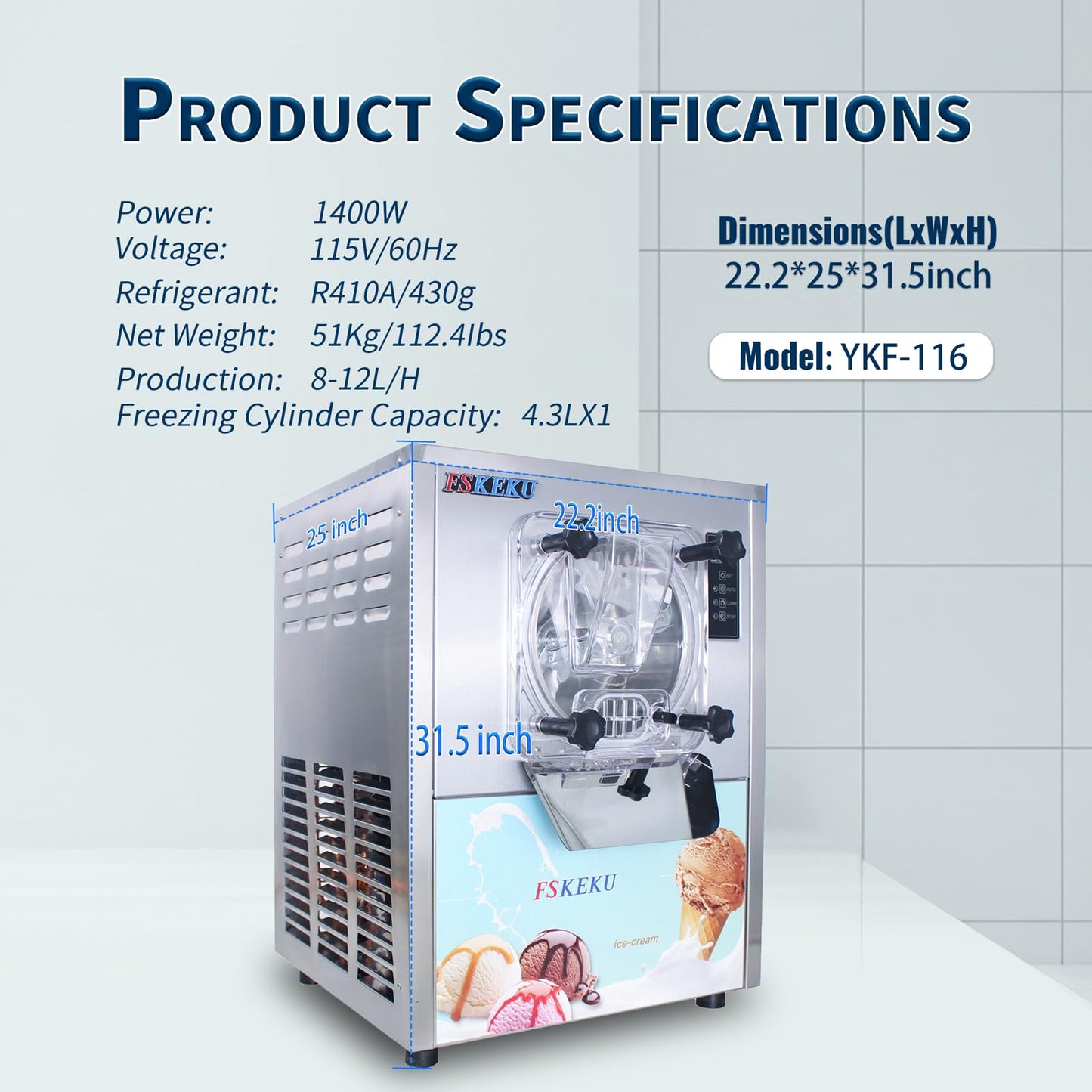 Ice Cream Maker Commercial Machine 16-24L/H, 5.3 Gph Capacity Suitable for Restaurant/Bar/Home, 1400W Hard Ice Cream Machine with LED Display, (110V 60Hz)