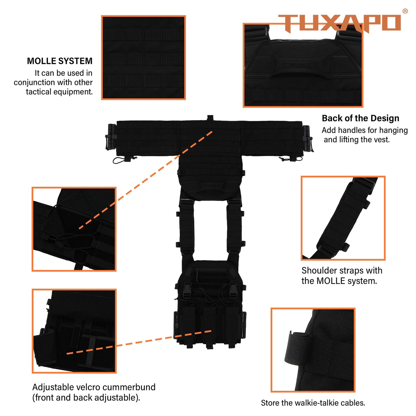 Tuxapo Tactical Molle Vests with Triple mag Pouch and Side Cummerbund Pouches, Quick Release Vests for Men
