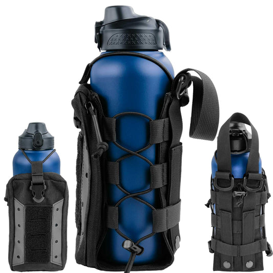 WICKTICK Molle Water Bottle Holder Pouch 16 24 32 40 64 oz - Multi-Purpose Tactical Fuel Bottle Bag, Adjustable Size for Outdoor Activities, Adapted to Backpack/Vest/Belt (Black, Enhanced)