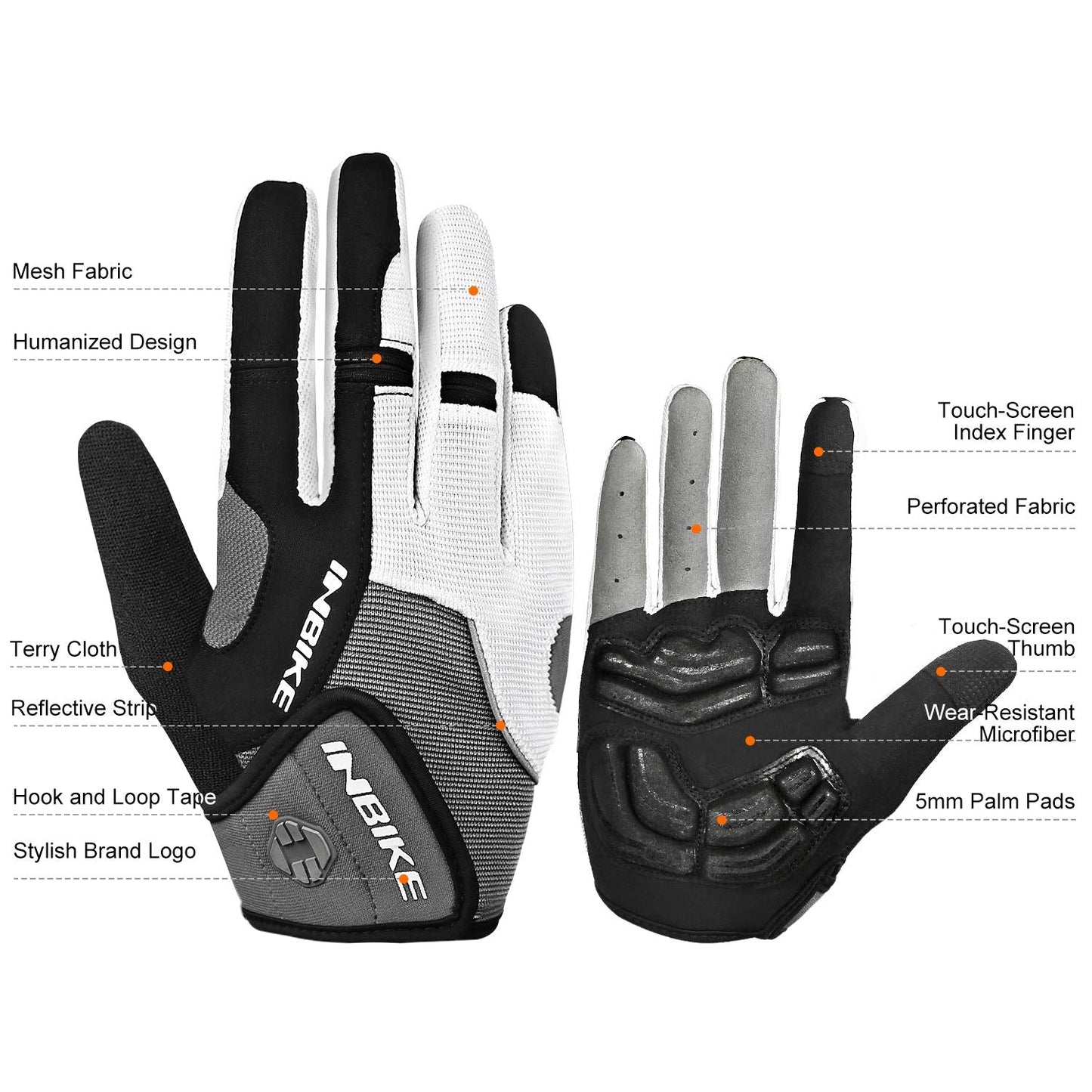 INBIKE Men's Cycling Gloves, Full Finger Gel Padded Mountain Bike Grey Large