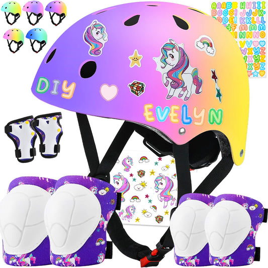 Comforhous Color Gradient Kids Bike Helmet for kids 3-5 Unicorn Protective Gear Set with Elbow Pads Knee Pads for 3-14 Kids Toddler Boy Girl Helmet and Pads for Skateboard Cycling Bike Skating Scooter