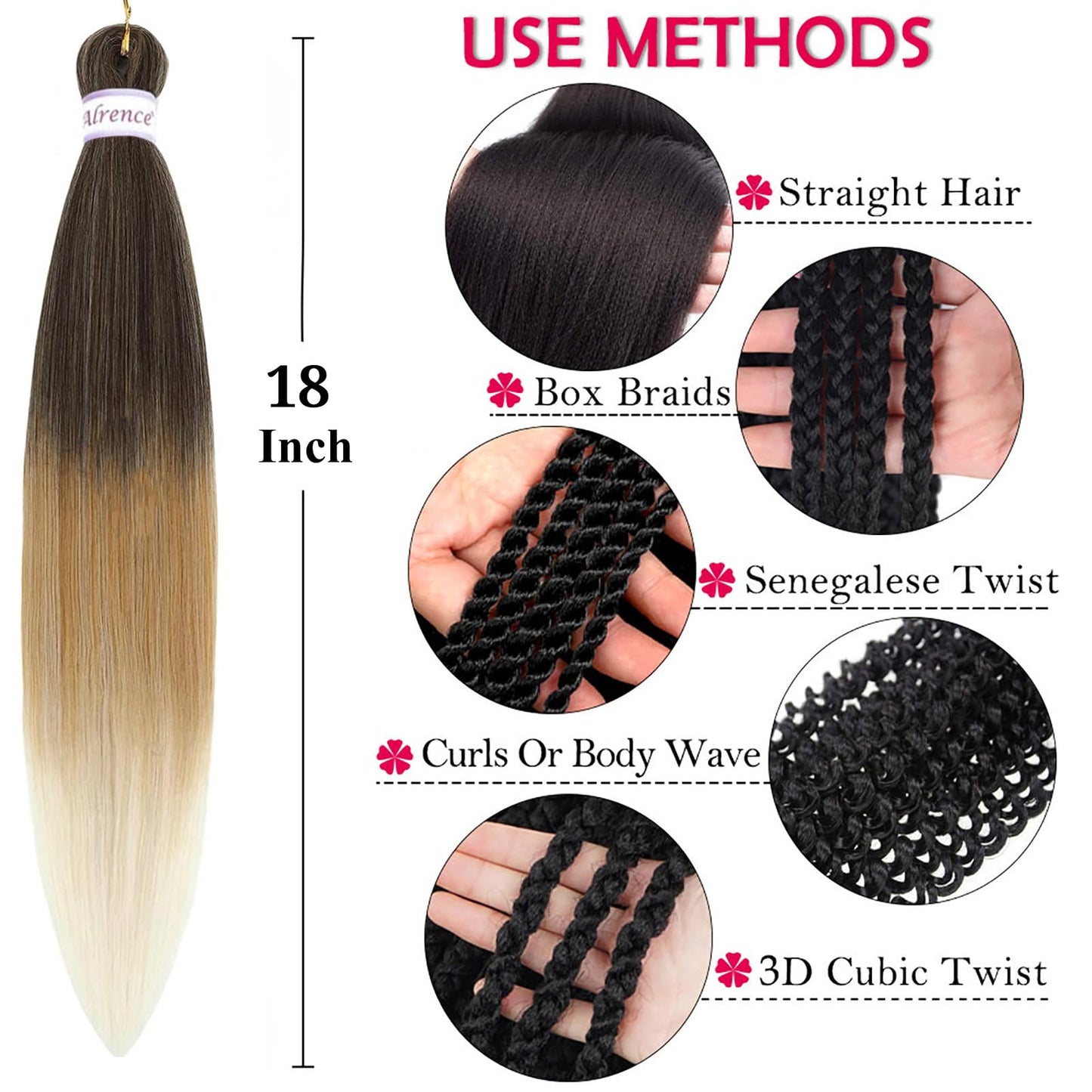 Alrence Pre Stretched Braiding Hair Long Braid 18 Inch 8 Packs Professional Braiding Hair Extensions Synthetic Crochet Twist Braids (18 Inch, 4/27/613)