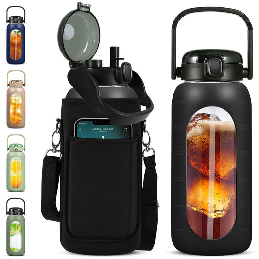 OxyFlask Glass Water Bottles 64 oz - Half Gallon Water Bottle with Straw Phone Holder Handle Time Marker and Silicone Sleeve, Large Motivational Water Jug with Carrier Bag for Daily Intake Gym Black