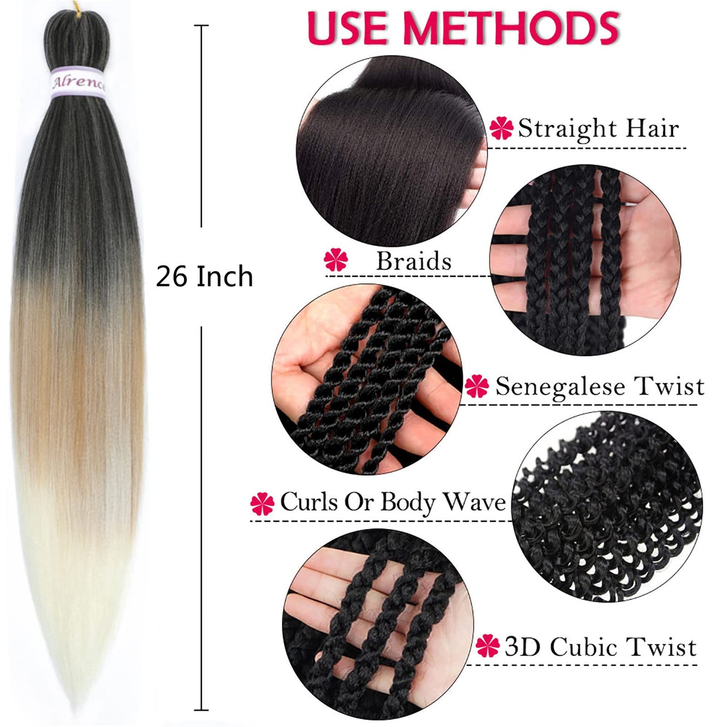 Alrence Pre Stretched Braiding Hair Long Braid 26 Inch 8 Packs Professional Braiding Hair Extensions Synthetic Crochet Twist Braids (26 Inch, 1B/27/613)