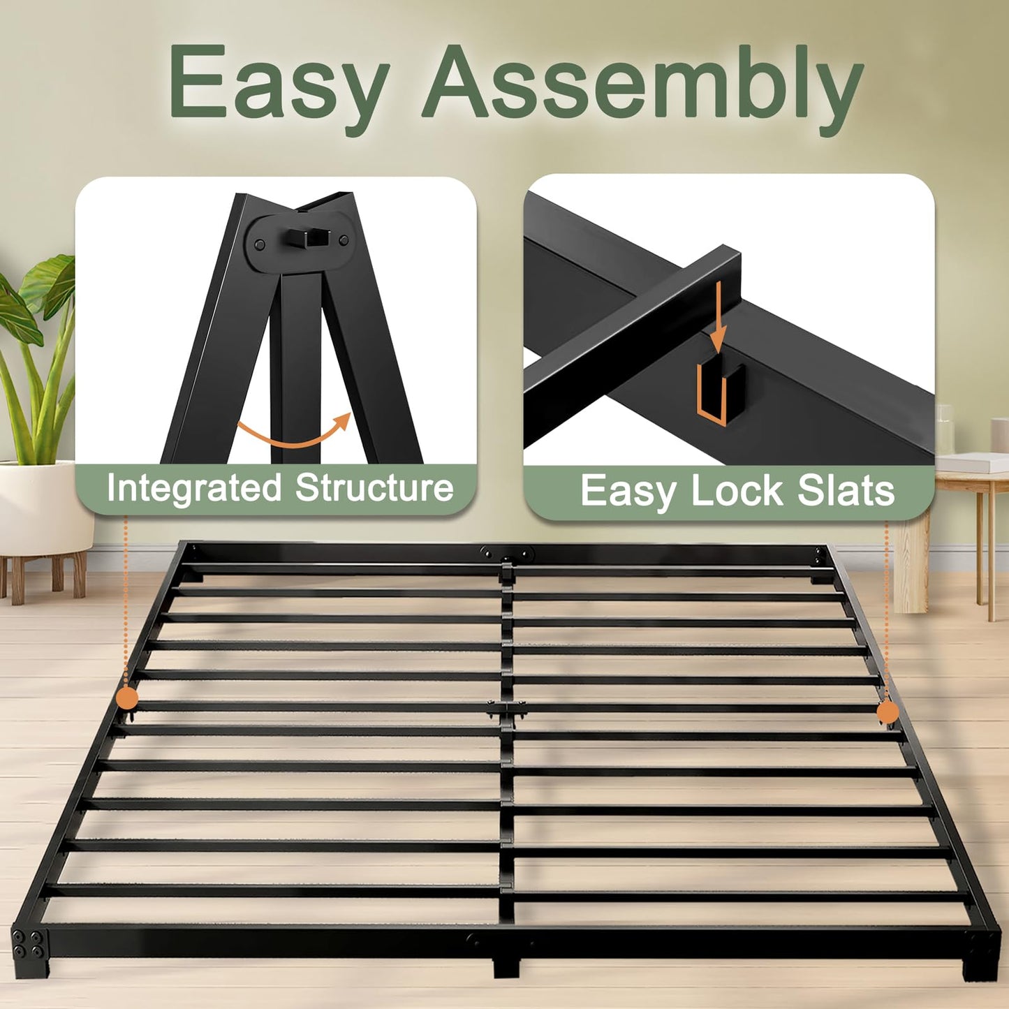 Alderose 3 Inch Queen Bed Frame Low Profile, Queen Size Bed Frame, Heavy Duty Metal Platform No Box Spring Needed, Easy Assembly Mattress Foundation, No Noise, Black