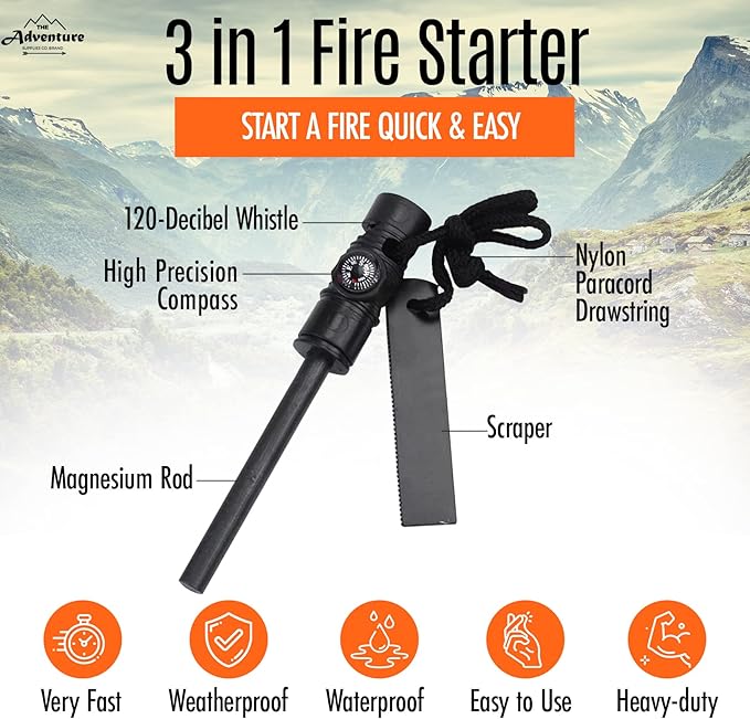 Emergency Sleeping Bag & Tent Shelter, Stocking Stuffer! Combo Prepper kit Survival Tent, Bivy Sack Tent, Sleeping Bag, Fire Starter + Whistle, Mylar Thermal Adventure Supply Co.