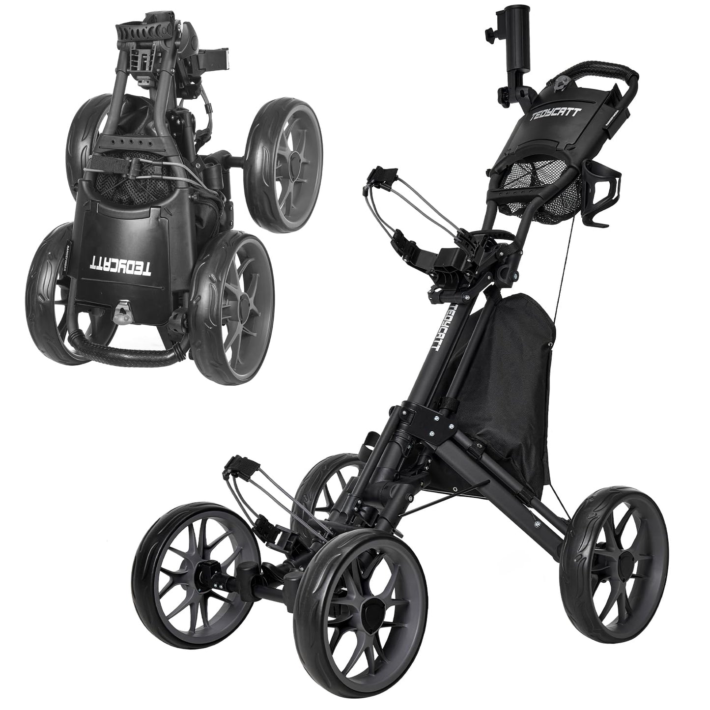 Tedycatt 4 Wheels Golf Pull Cart, Upright Light Quad Golf Roller Cart with Foot Brake, Quick Fold with Cup, Phone & Umbrella Holder, Cooler Bag, Gray