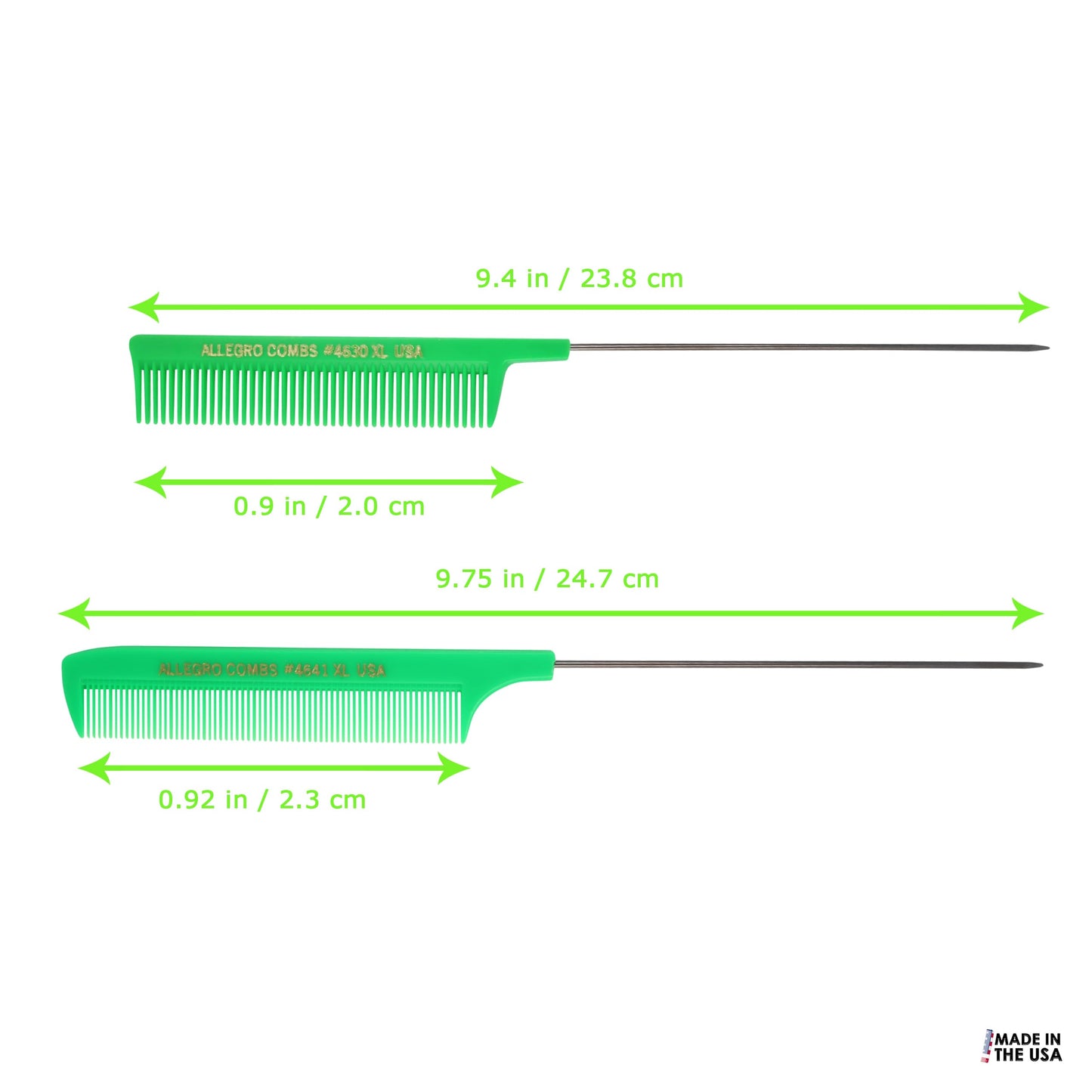 Allegro Combs XL Pintail Rat Tail Combs Parting Combs Metal Tail Foiling Combs Pin Combs Stitch Braids Combs2 Pc. (Neon Green)